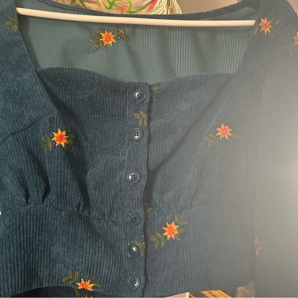 Cider Teal Corduroy Top with Floral Details